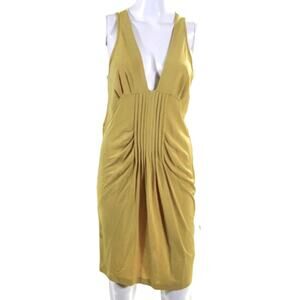 0050 Ali Ro Yellow V-Neck Cocktail Dress Size 8 Slinky Ruched Knee Length